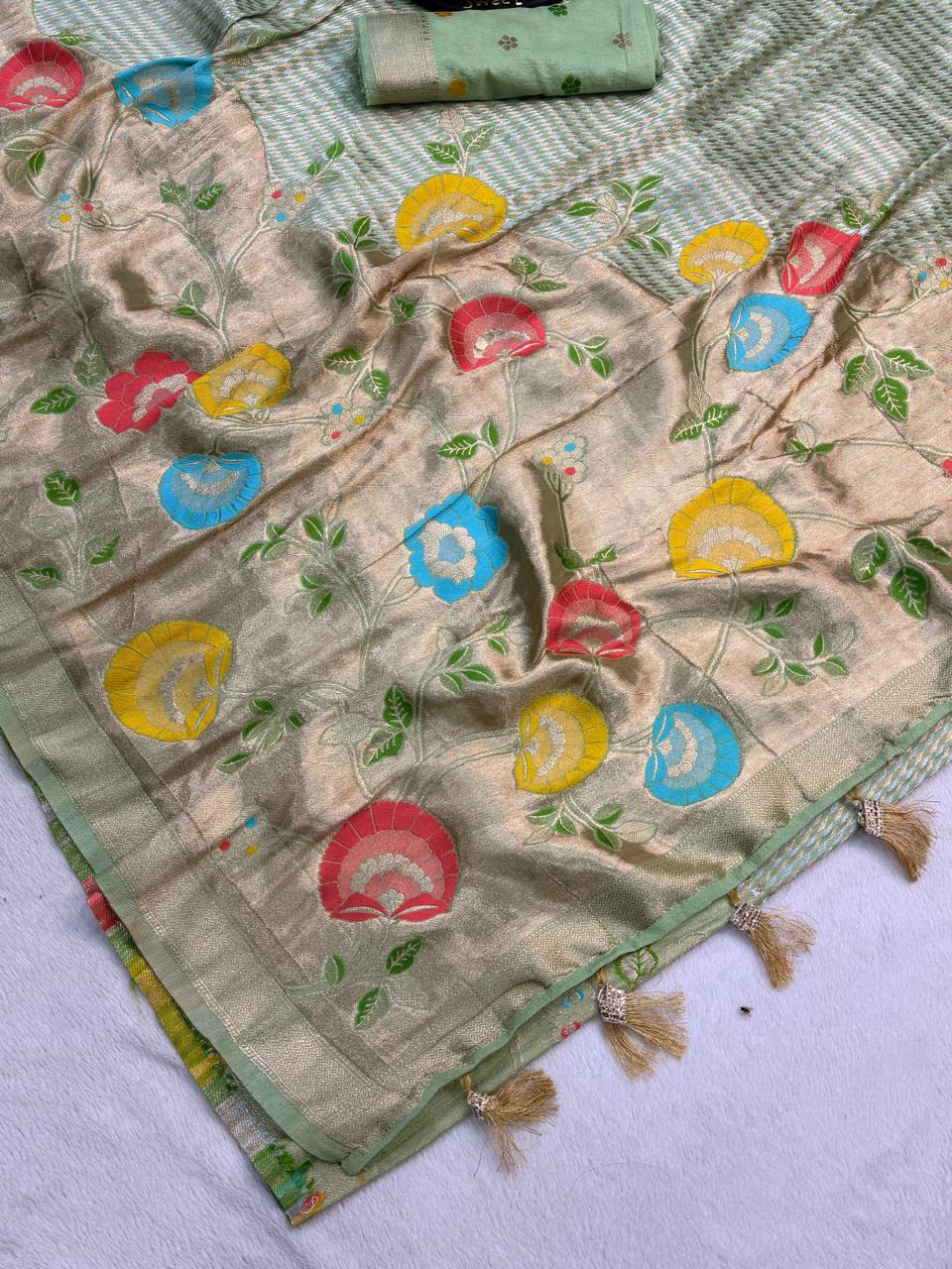 Evocative Sea Green Banarasi Khadi Silk Saree With Elaborate Blouse Piece