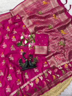 Innovative Dark Pink Banarasi Khadi Silk Saree With Adoring Blouse Piece