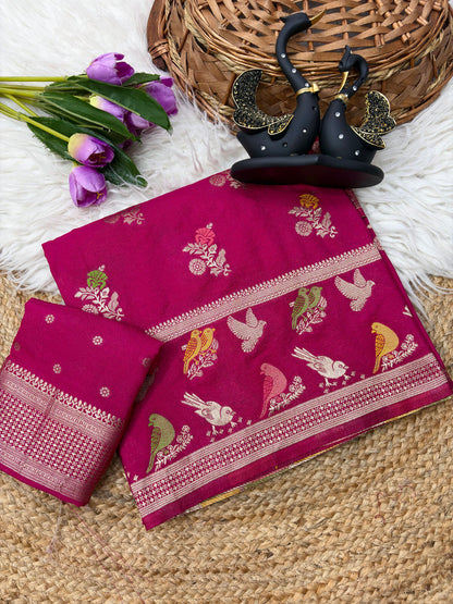 Innovative Dark Pink Banarasi Khadi Silk Saree With Adoring Blouse Piece