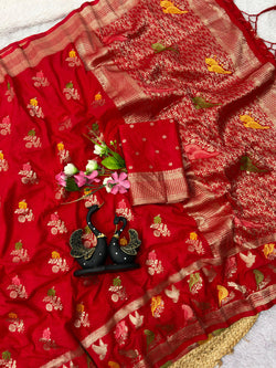 Tremendous Red Banarasi Khadi Silk Saree With Vibrant Blouse Piece