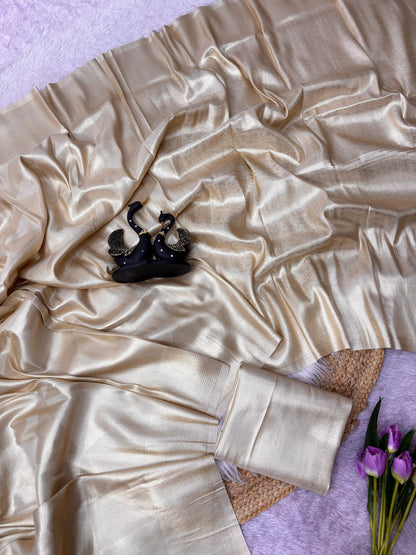 Gratifying Beige Banarasi Tissue Silk Saree With Nemesis Blouse Piece