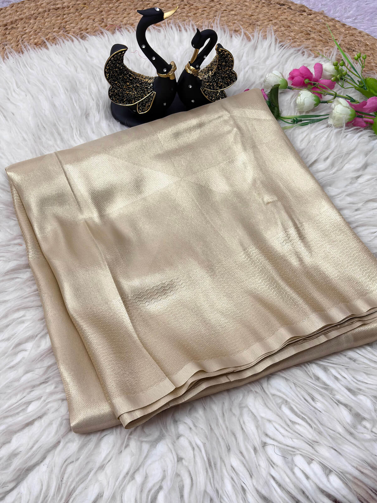 Gratifying Beige Banarasi Tissue Silk Saree With Nemesis Blouse Piece