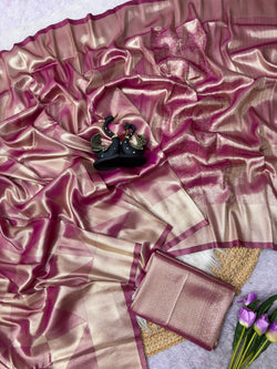 Luminous Dark Pink Banarasi Tissue Silk Saree With Alluring Blouse Piece