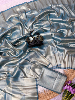 Entrancing Firozi Banarasi Tissue Silk Saree With Enamoring Blouse Piece
