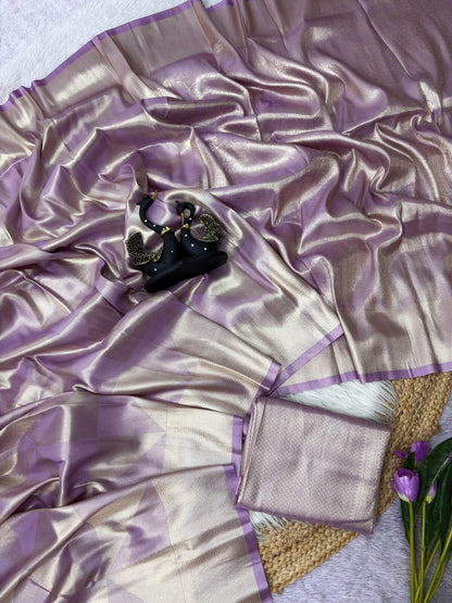 Fairytale Lavender Banarasi Tissue Silk Saree With Resplendent Blouse Piece