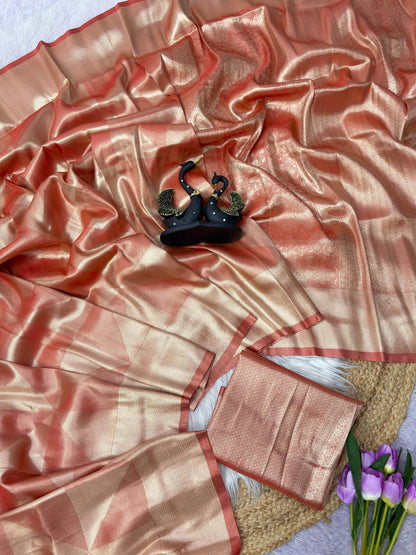 Charismatic Red Banarasi Tissue Silk Saree With Smashing Blouse Piece