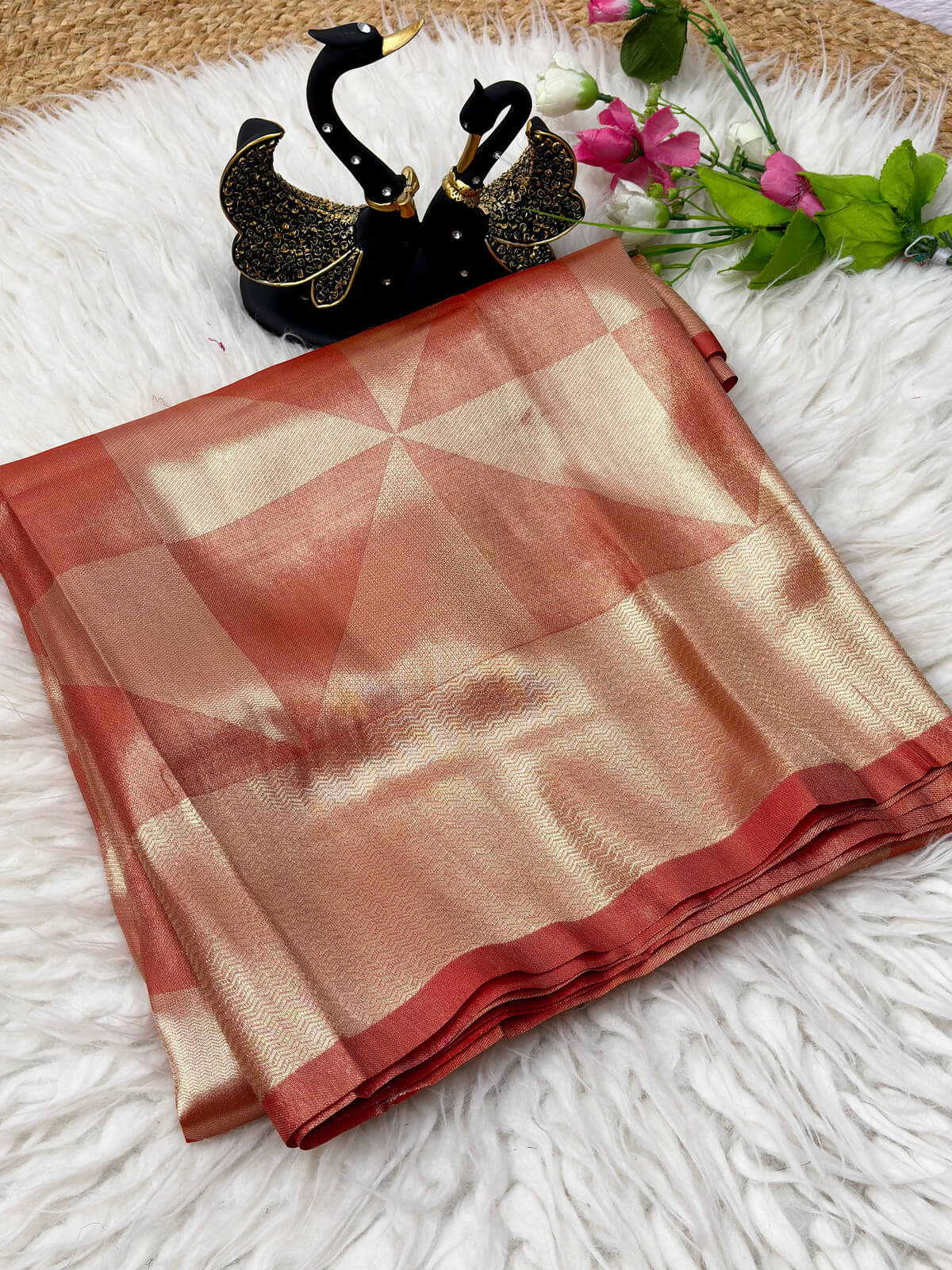 Charismatic Red Banarasi Tissue Silk Saree With Smashing Blouse Piece