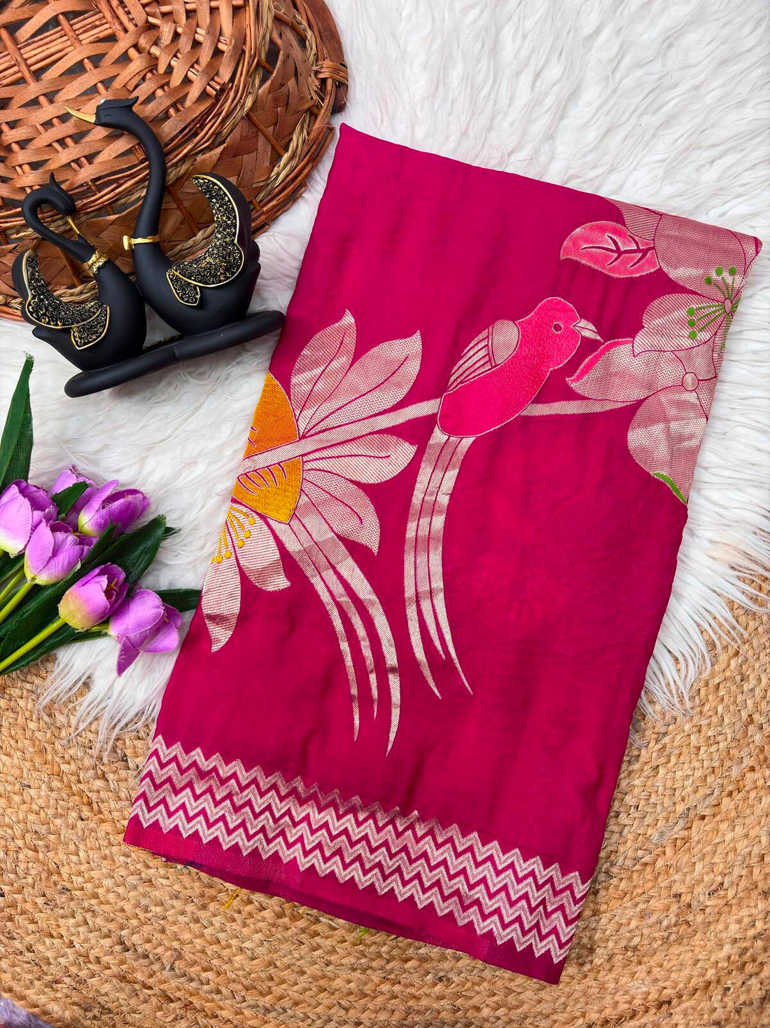 Unequalled Dark Pink Banarasi Khadi Silk Saree With Lovely Blouse Piece