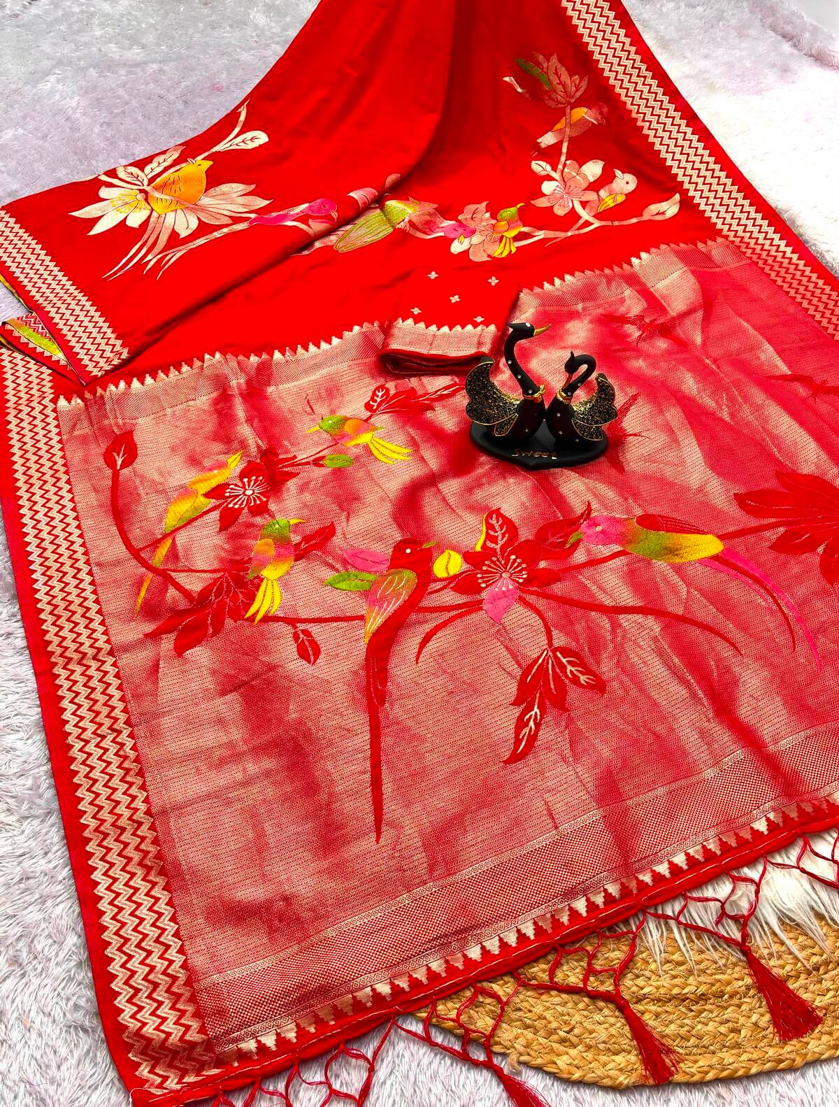 Demesne Red Banarasi Khadi Silk Saree With Flameboyant Blouse Piece