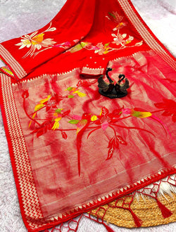 Demesne Red Banarasi Khadi Silk Saree With Flameboyant Blouse Piece