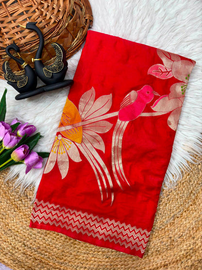 Demesne Red Banarasi Khadi Silk Saree With Flameboyant Blouse Piece