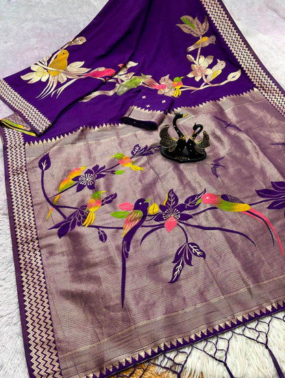 Amazing Royal Purple Banarasi Khadi Silk Saree With Epiphany Blouse Piece