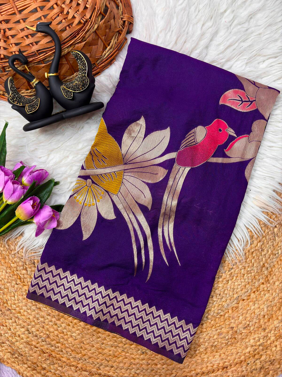 Amazing Royal Purple Banarasi Khadi Silk Saree With Epiphany Blouse Piece