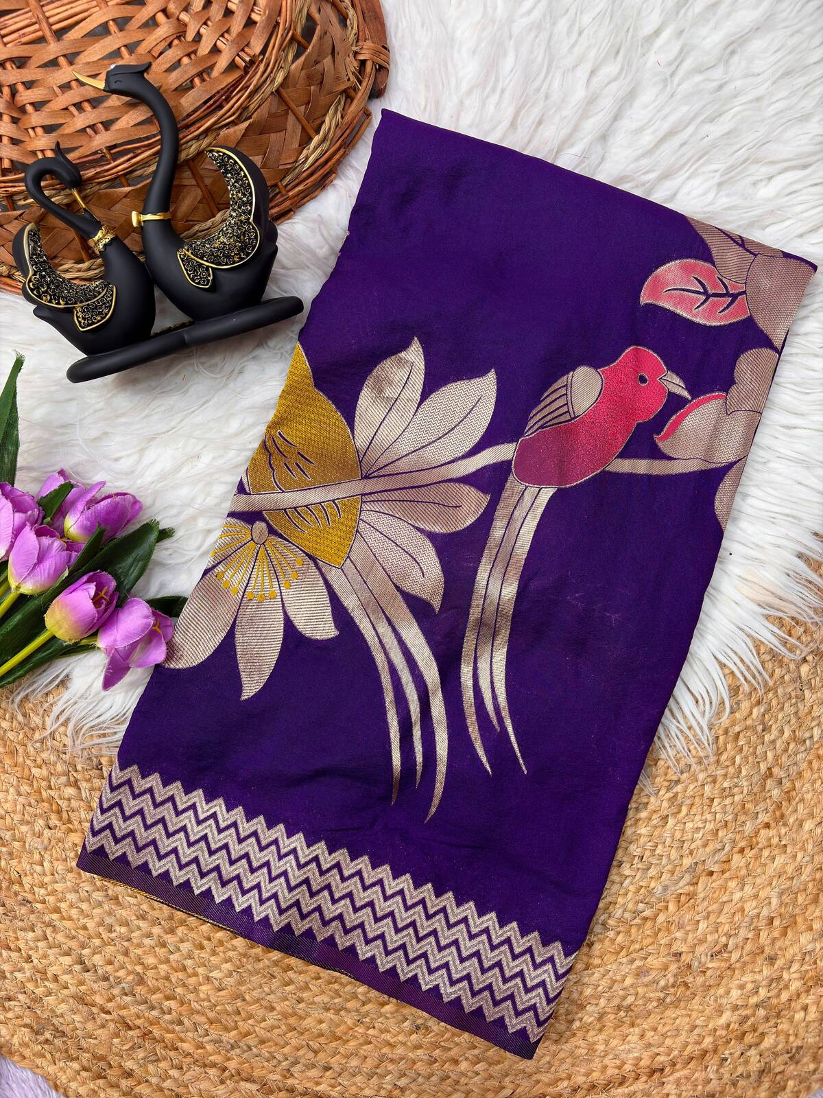 Amazing Royal Purple Banarasi Khadi Silk Saree With Epiphany Blouse Piece