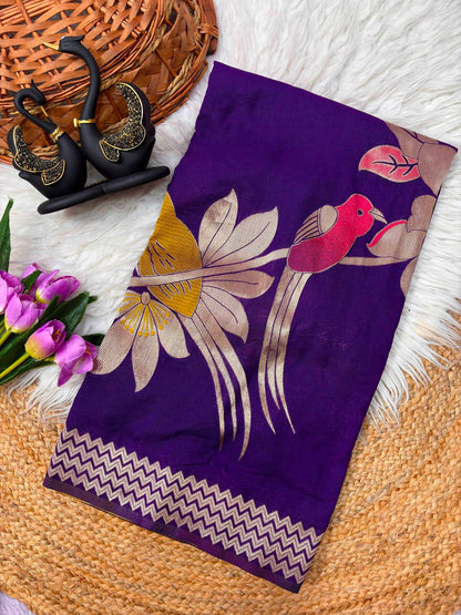 Amazing Royal Purple Banarasi Khadi Silk Saree With Epiphany Blouse Piece