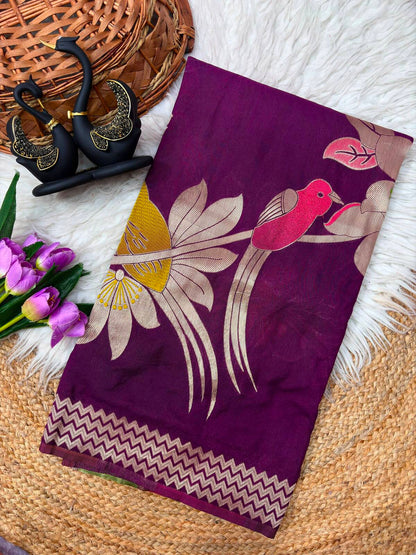 Breathtaking Wine Banarasi Khadi Silk Saree With Bewitching Blouse Piece