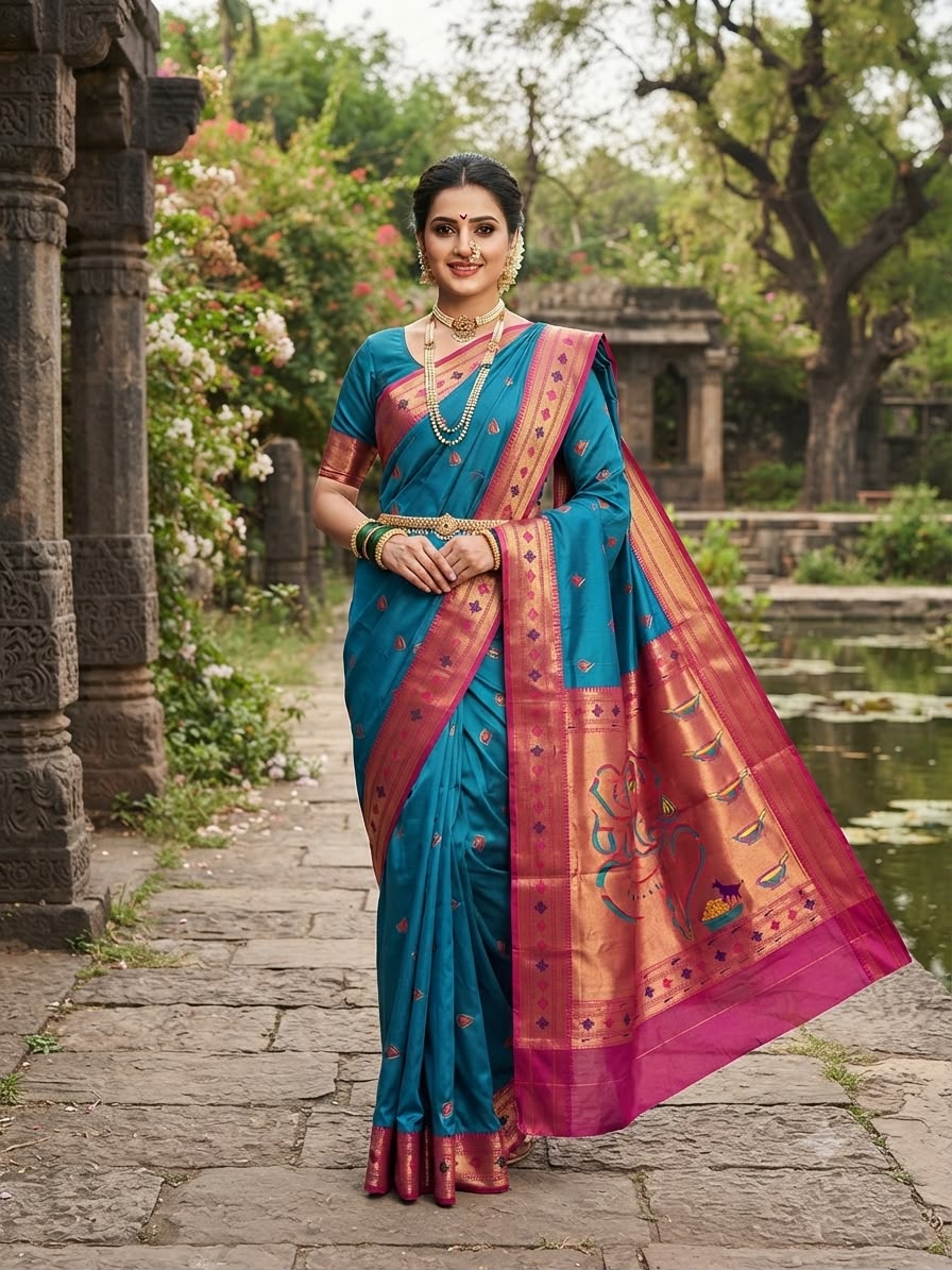 Elision Blue Paithani Silk Saree With Sonorous Blouse Piece