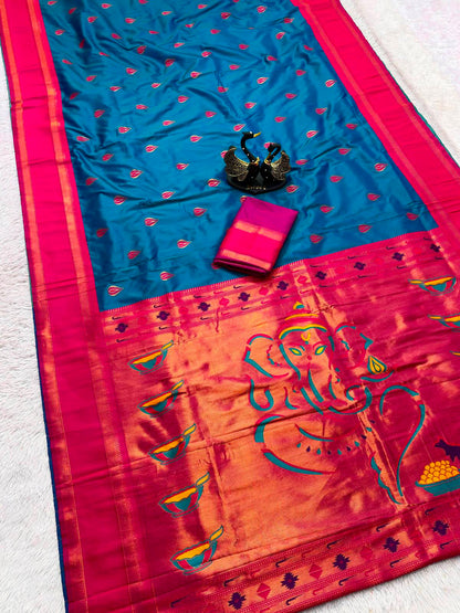 Elision Blue Paithani Silk Saree With Sonorous Blouse Piece