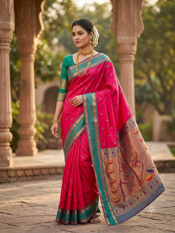 Divine Dark Pink Paithani Silk Saree With Prettiest Blouse Piece