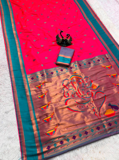 Divine Dark Pink Paithani Silk Saree With Prettiest Blouse Piece