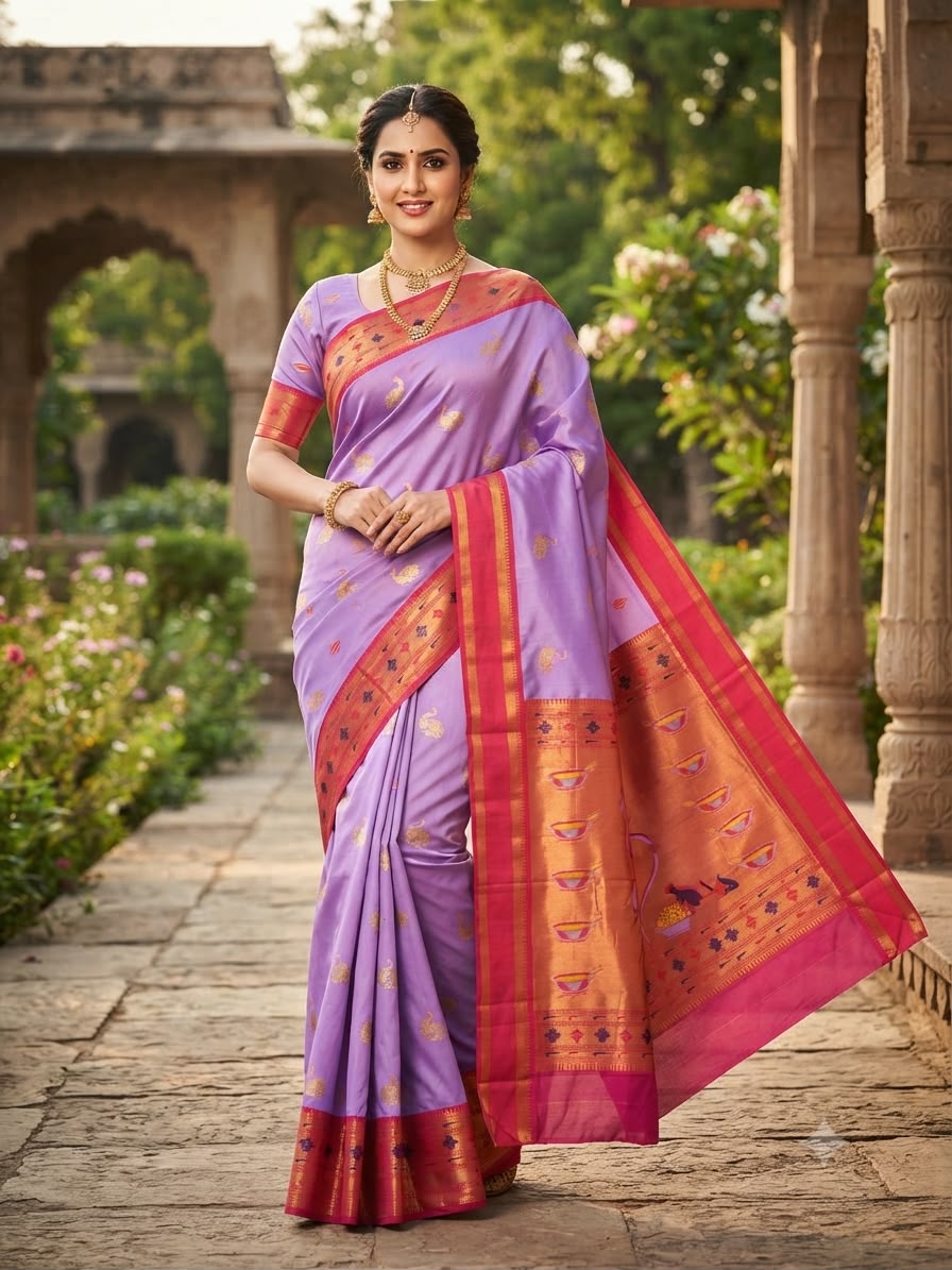 Palimpsest Lavender Paithani Silk Saree With Engrossing Blouse Piece