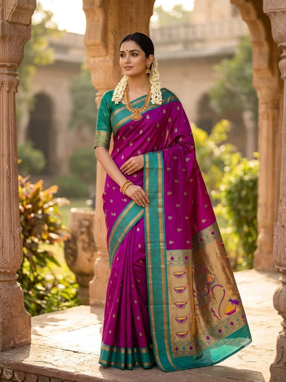 Glamorous Magenta Paithani Silk Saree With Lagniappe Blouse Piece