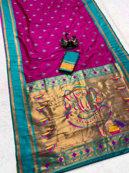 Glamorous Magenta Paithani Silk Saree With Lagniappe Blouse Piece
