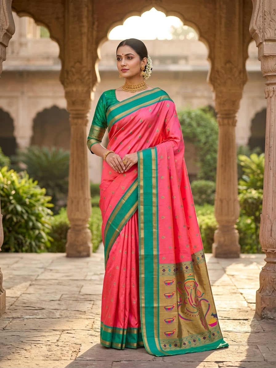 Deserving Pink Paithani Silk Saree With Gossamer Blouse Piece