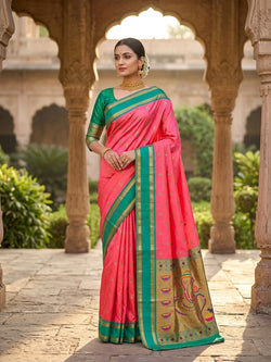 Deserving Pink Paithani Silk Saree With Gossamer Blouse Piece