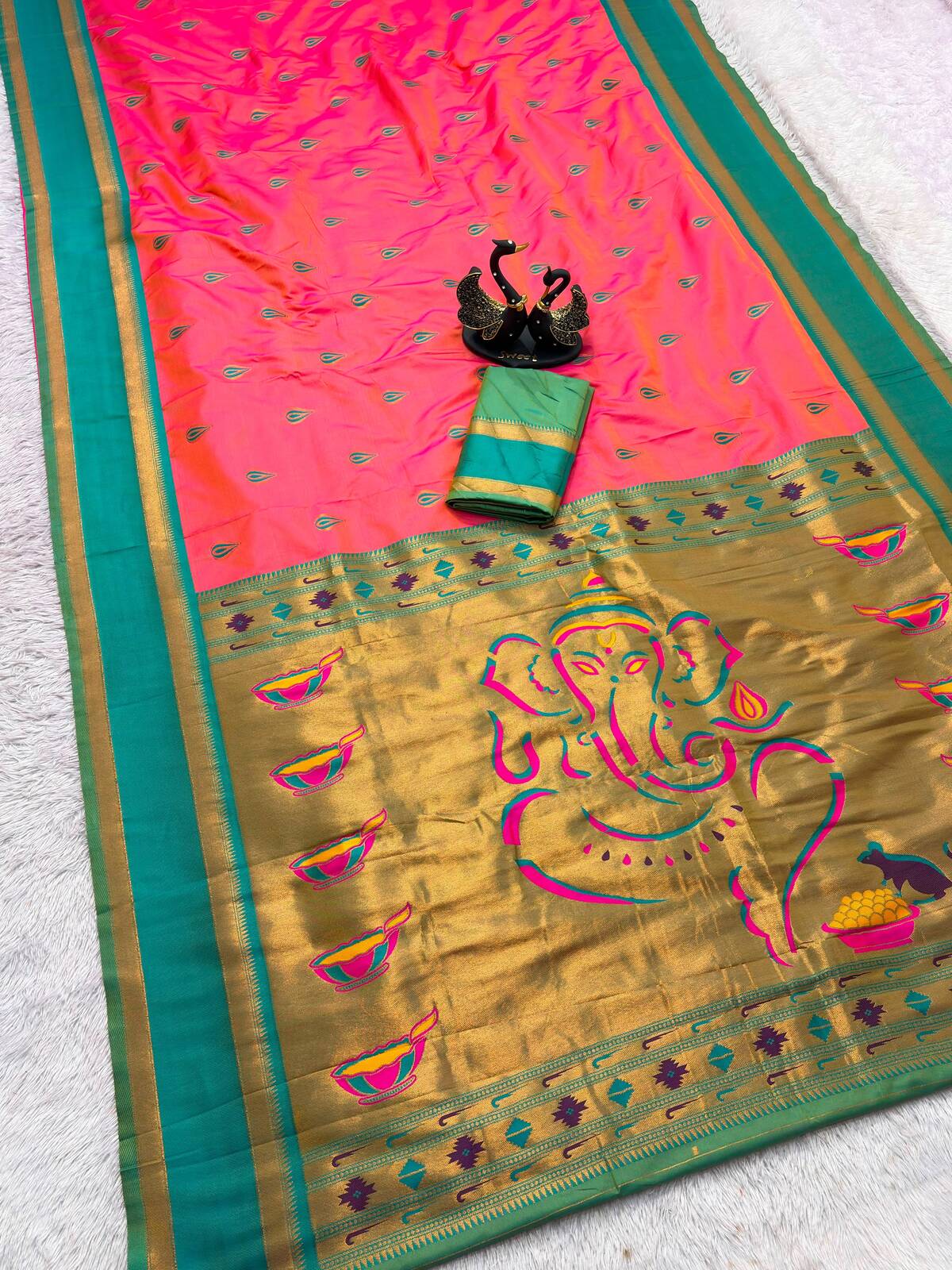 Deserving Pink Paithani Silk Saree With Gossamer Blouse Piece