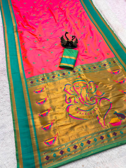 Deserving Pink Paithani Silk Saree With Gossamer Blouse Piece