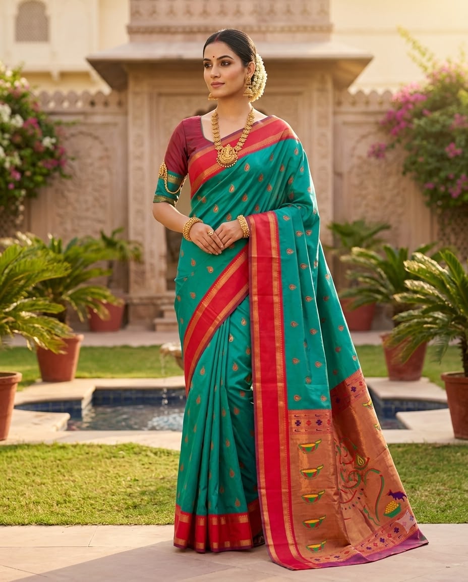 Mellifluous Rama Paithani Silk Saree With Staggering Blouse Piece