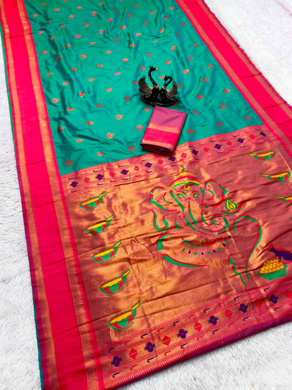 Mellifluous Rama Paithani Silk Saree With Staggering Blouse Piece