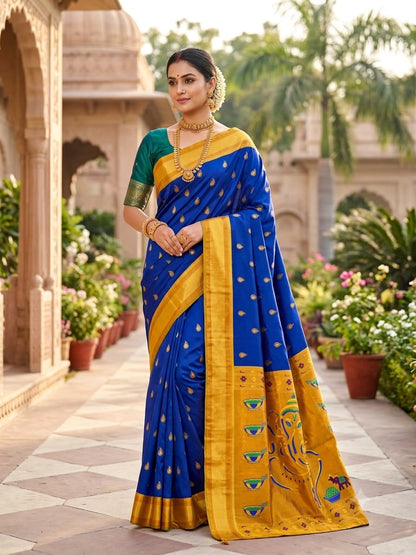 Super classy Royal Blue Paithani Silk Saree With Stunning Blouse Piece