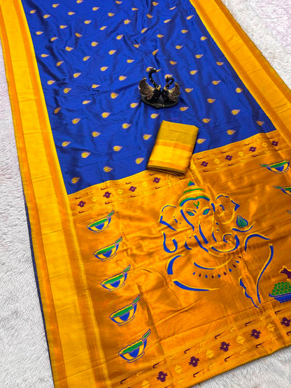 Super classy Royal Blue Paithani Silk Saree With Stunning Blouse Piece