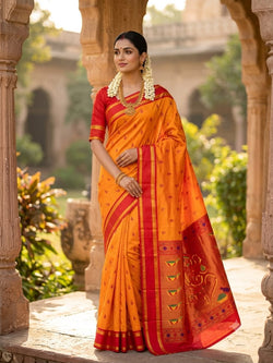 Evocative Yellow Paithani Silk Saree With Rhapsody Blouse Piece