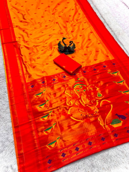 Evocative Yellow Paithani Silk Saree With Rhapsody Blouse Piece