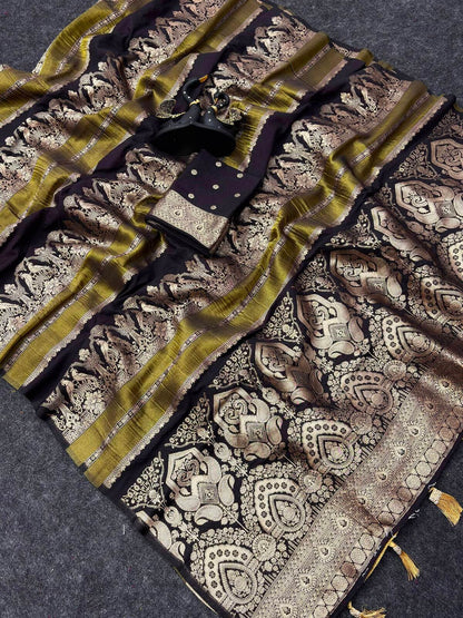 Delectable Black Banarasi Khadi Silk Saree With Amiable Blouse Piece