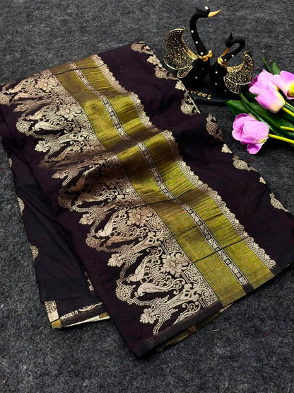 Delectable Black Banarasi Khadi Silk Saree With Amiable Blouse Piece