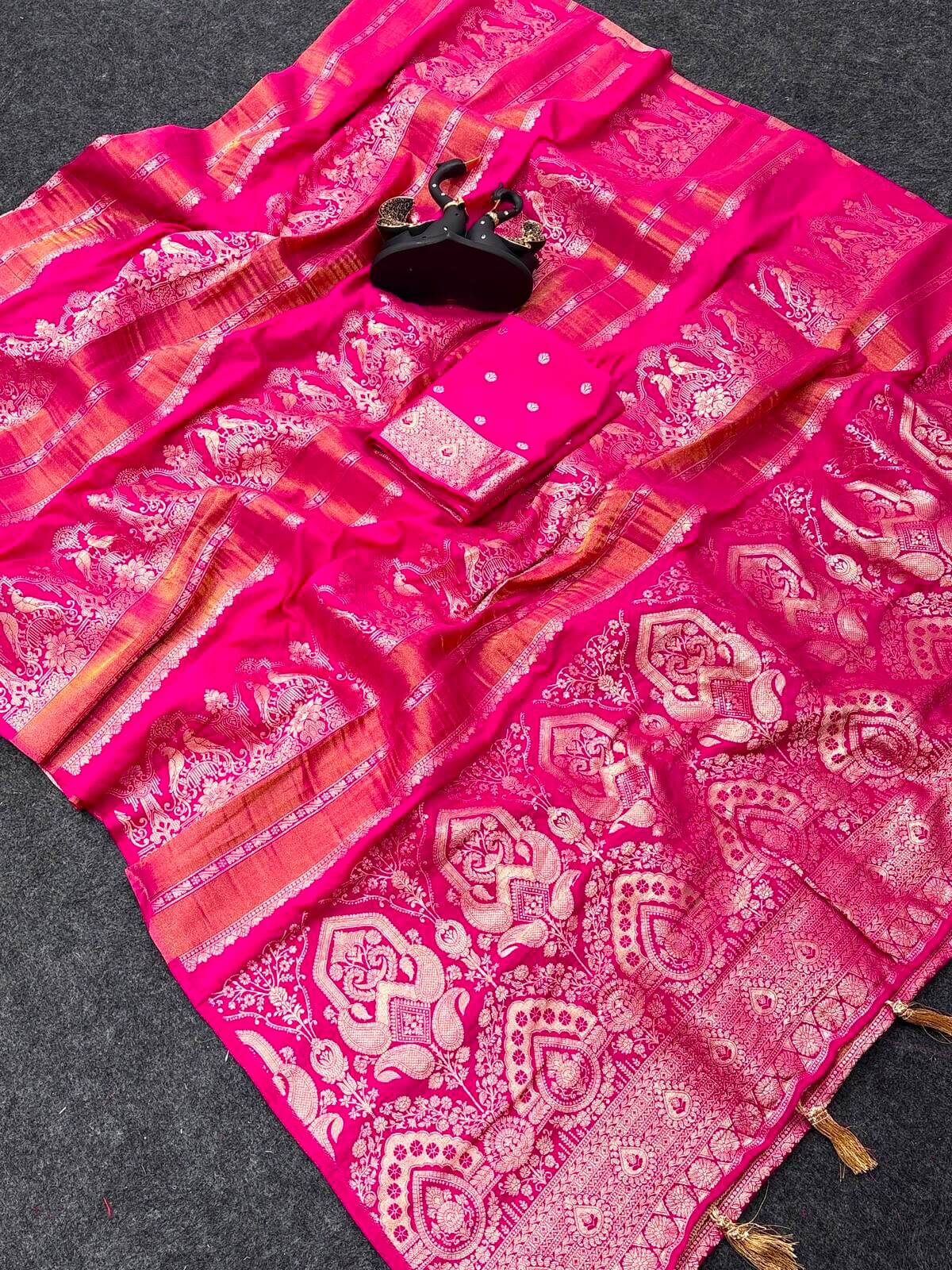 Assemblage Dark Pink Banarasi Khadi Silk Saree With Incomparable Blouse Piece