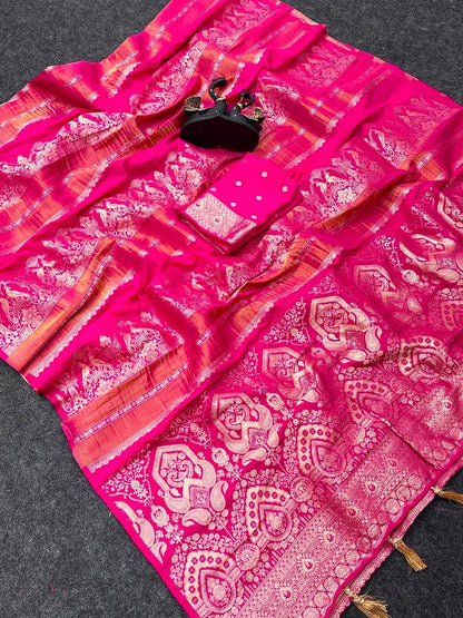Assemblage Dark Pink Banarasi Khadi Silk Saree With Incomparable Blouse Piece
