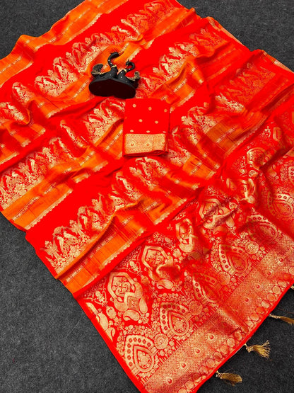 Gratifying Orange Banarasi Khadi Silk Saree With Pretty Blouse Piece