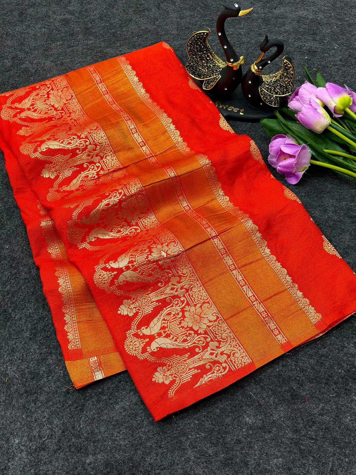 Gratifying Orange Banarasi Khadi Silk Saree With Pretty Blouse Piece