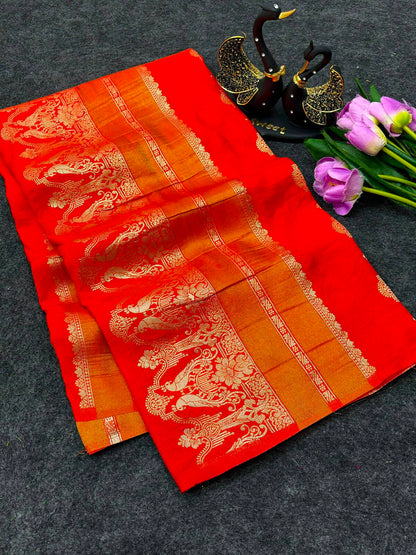Gratifying Orange Banarasi Khadi Silk Saree With Pretty Blouse Piece