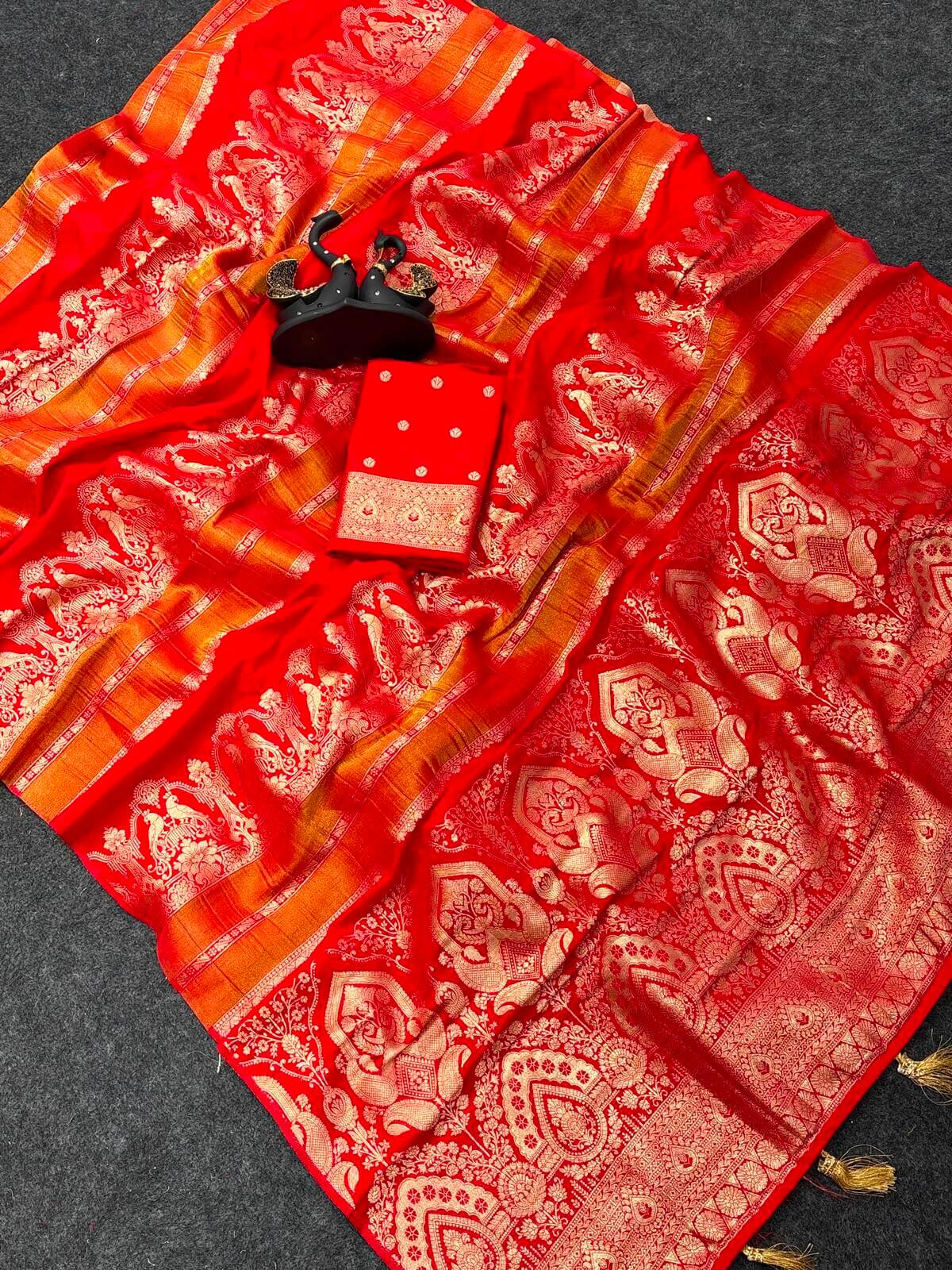 Fragrant Red Banarasi Khadi Silk Saree With Ornate Blouse Piece