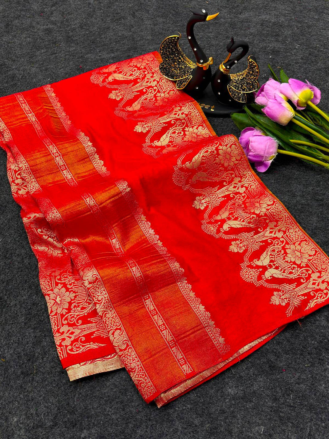 Fragrant Red Banarasi Khadi Silk Saree With Ornate Blouse Piece
