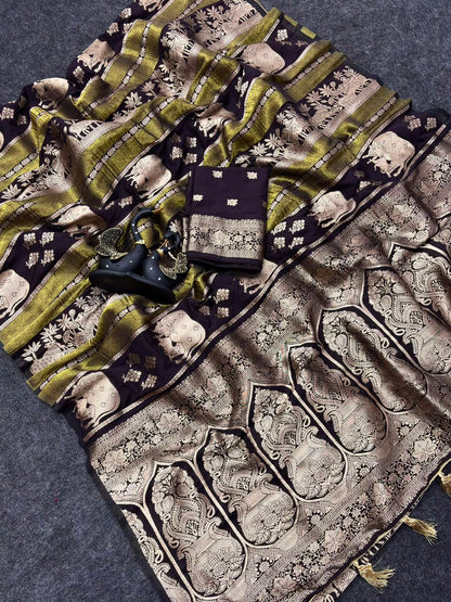 Enticing Black Banarasi Khadi Silk Saree With Elaborate Blouse Piece