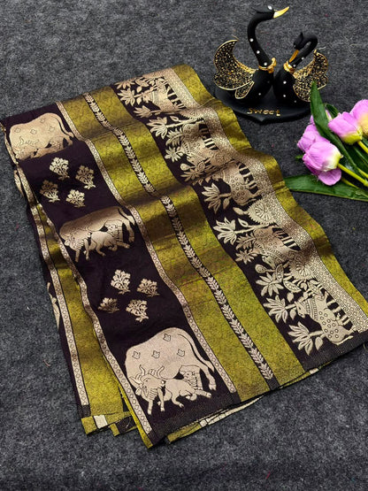 Enticing Black Banarasi Khadi Silk Saree With Elaborate Blouse Piece