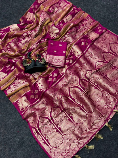 Ebullience Dark Pink Banarasi Khadi Silk Saree With Proficient Blouse Piece