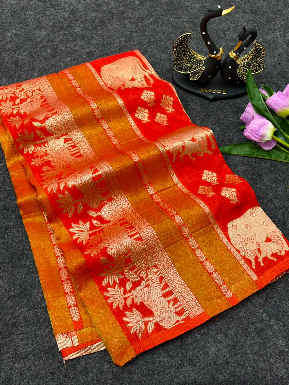 Ailurophile Orange Banarasi Khadi Silk Saree With Blissful Blouse Piece